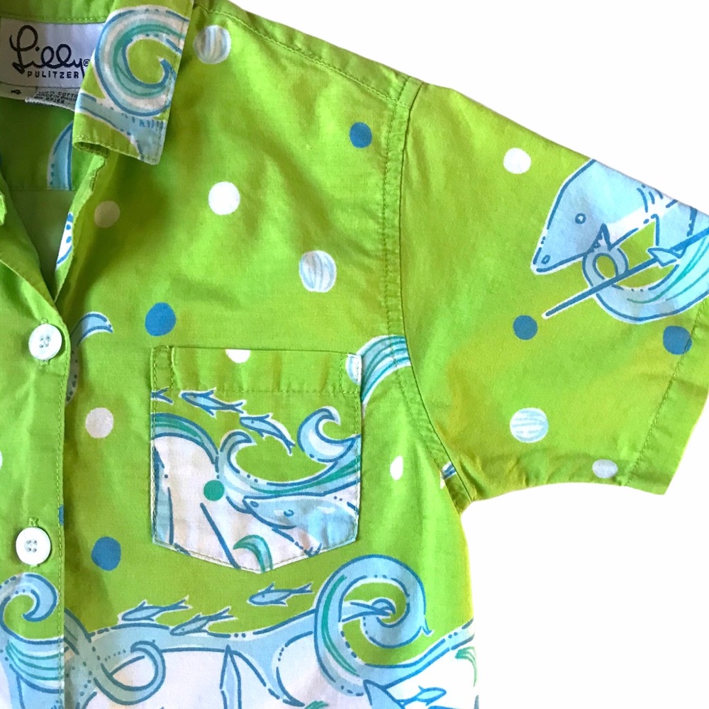 Lilly Pulitzer Green and Blue Shark Print Button Down Shirt - Picture 2 of 6